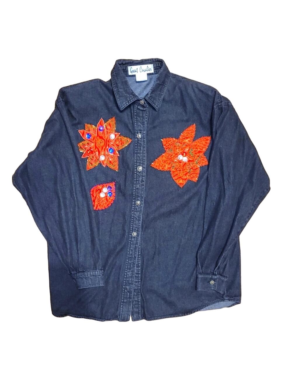 Great Cavalier Embroidered/Patchworked Sequined Poinsettia Denim Shirt XL